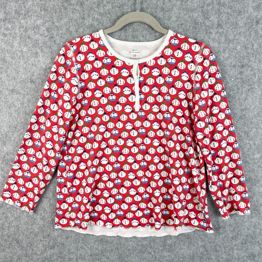 Roller Rabbit Snowman Pajama Top Womens Medium Pima Cotton AOP Christmas Holiday